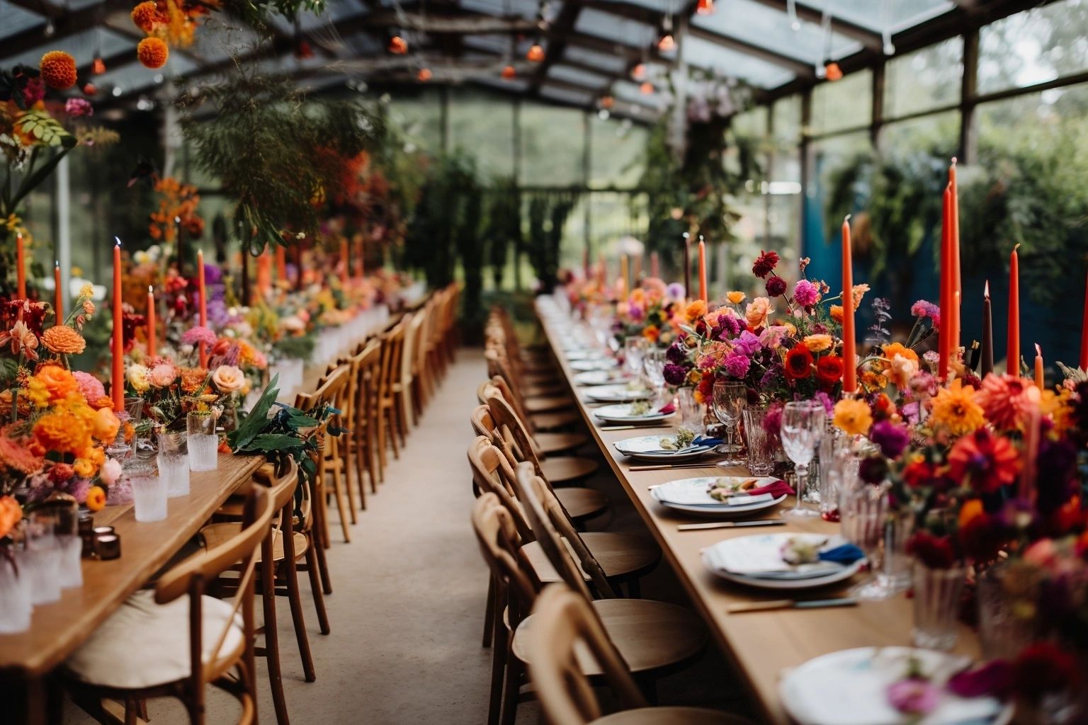 A long banquet table dressed with cascading florals and tapered candles