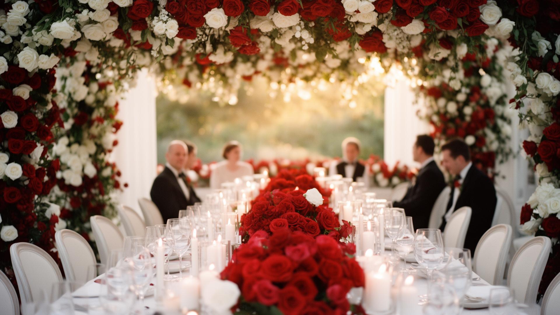 Love 'n Roses wedding with cascading red and white roses